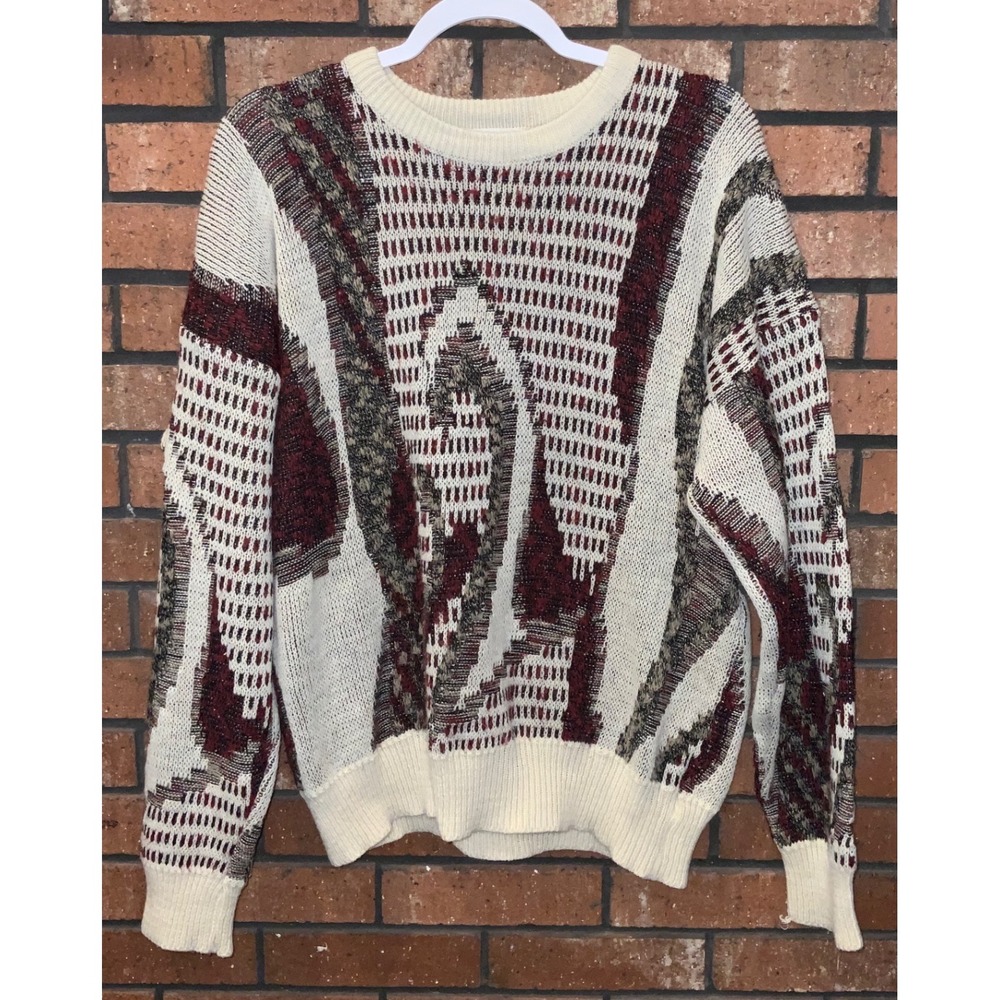 Vintage Expressions Abstract Geometric Knit Sweater Cream Burgundy Grey 90s